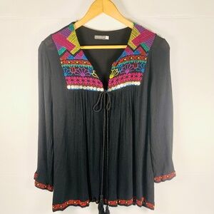 EARTHBOUND boho open front embroidered multicolor black cardigan coastal cowgirl